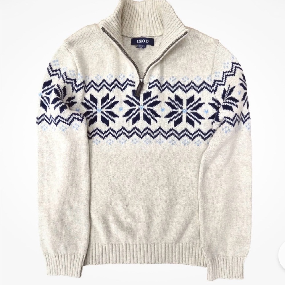 Izod Cream Fair Isle Zip Mock Neck Sweater with Navy Accents B13 - Picture 1 of 3